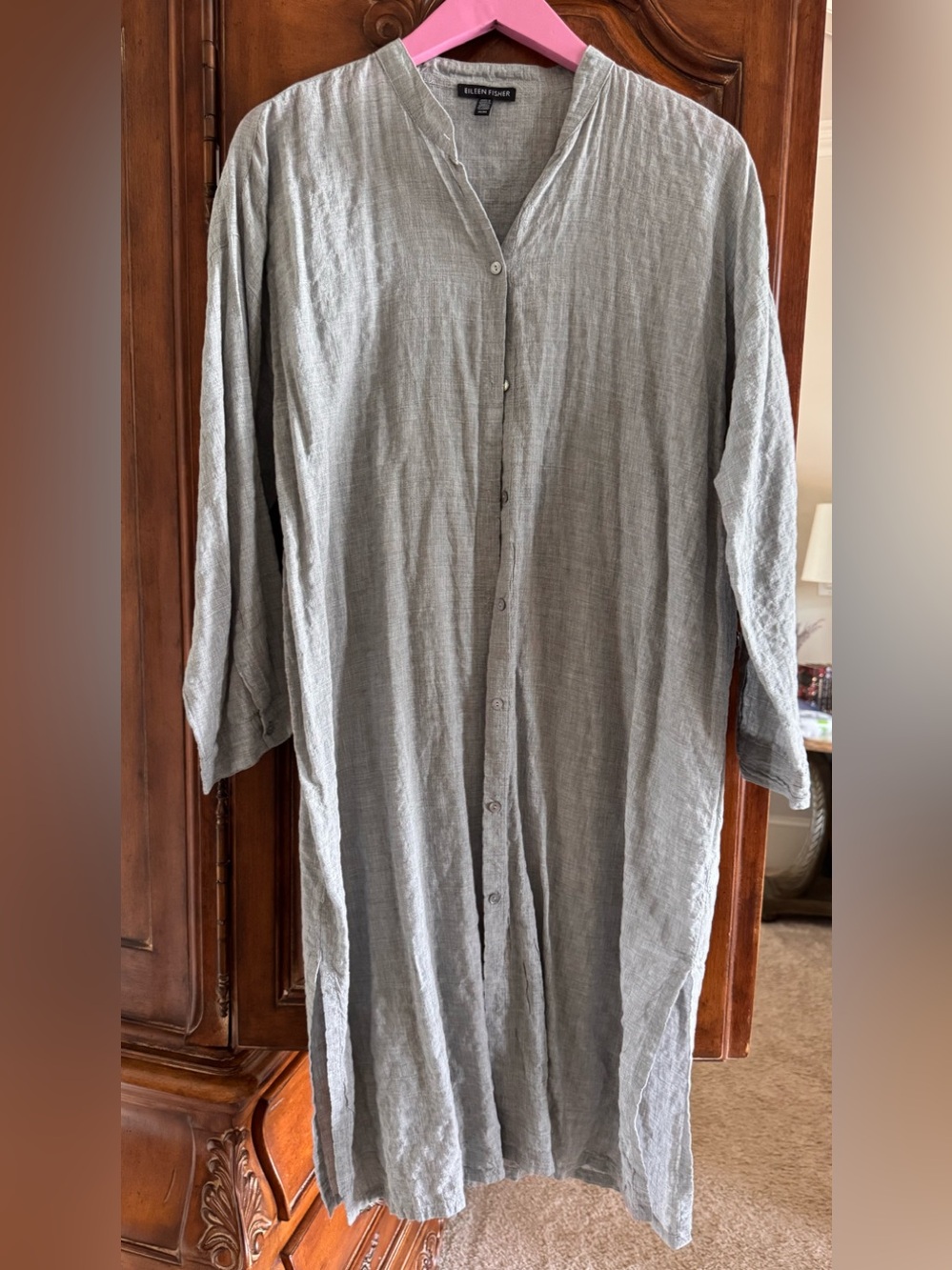 Eileen Fisher Gray Button-Front Washable Linen Duster/Tunic